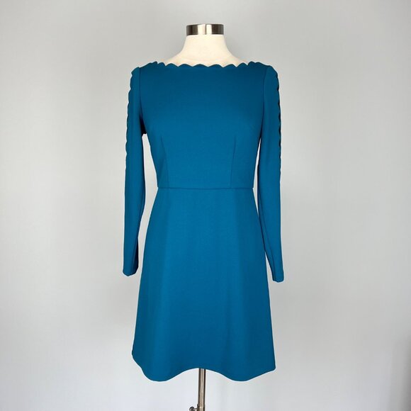 Adrianna Papell Womens Scalloped Neck Dress Teal Blue Cutout Long Sleeve size 6 - Picture 2 of 13